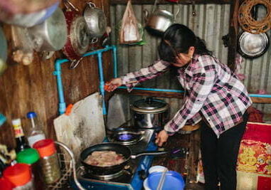 Gas from bio-digester in kitchen in Cambodia