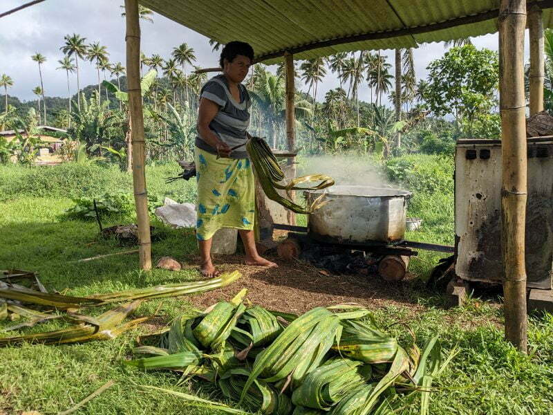 A woman taking pandanus leaves out of a large pot of boiling water