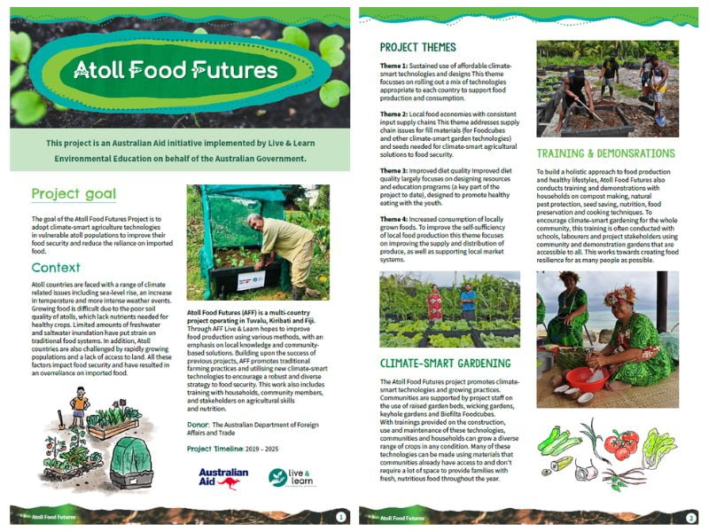 The front and back page of the Atoll Food Futures Fact Sheet