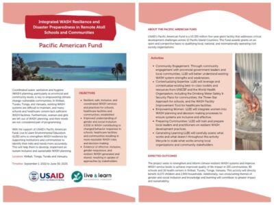 The two sides of the fact sheet for Integrated WASH resilience and disaster preparedness